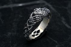 Symbolic Skull Ring For Anniversary, Gothic Sterling Silver Rings For Gift, Gothic Stainless Steel Ring As A Gift, Unique Hand Cast Engraved Promise Ring, Sterling Silver Heirloom Jewelry For Promise, Gothic Engraved Rings For Anniversary, Symbolic Metal Promise Ring, Hand Cast Sterling Silver Engraved Ring For Wedding, Handmade Sterling Silver Engraved Ring For Promise