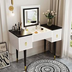 a black and white rug in front of a vanity