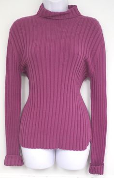 Banana Republic Turtleneck Sweater Ribbed Color is like a Raspberry Pink in my opinion long sleeves that can be worn cuffed or not The length is 23" and the width (Pit to pit) is 17" without stretch to 24" with stretch  NWTS AUTHENTIC We are available for questions Monday through Friday during business hours for specific questions about any items, shipping and more. E-bay considers a 5 Star feedback standard for all purchases. If for any reason you have any concerns with your purchase(s), please Fall Crew Neck Sweater With Ribbing, Crew Neck Sweater With Ribbing For Fall, Solid Color Sweater With Ribbed Collar And Stretch, Fall Sweater With Ribbed Neckline And Stretch, Fall Sweater With Stretch And Ribbed Neckline, Solid Sweater With Ribbed Collar And Stretch, Casual Ribbed Winter Sweater, Stretch Sweater With Ribbed Neckline For Fall, Casual Winter Sweater With Ribbing