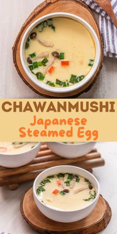 two bowls of japanese steamed egg soup with chopsticks on the side and text overlay that reads, chawanmushi japanese steamed egg