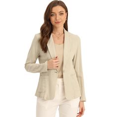 This linen blazer strikes the perfect balance between casual and sophisticated style. With its relaxed fit and notch lapel, it adds a touch of refinement to any outfit while still maintaining a laid-back vibe. The one-button design of this suit jacket makes it incredibly versatile. It can be dressed up for formal occasions or paired with jeans or skirts for a more casual look. Linen Blazer With Welt Pockets For Work, Office Linen Blazer With Pockets, Single Button Linen Blazer For Office, Linen Single Button Blazer For Office, Solid Linen Blazer For Work, Linen Blazer For Workwear, Linen Blazer For Work, Classic Linen Blazer For Office, Classic Linen Office Blazer