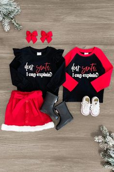 Your little ones will love all the attention with these "Dear Santa, I Can Explain" Matching Boy Top & Girl Skirt Sets. Boys top features long sleeve, and girls skirt set features a matching black top & red corduroy skirt with faux fur trim. Shop these sets today! Dear Santa I Can Explain, Santa I Can Explain, Black Ruffle Top, I Can Explain, Sparkle In Pink, Kids Christmas Outfits, Girls Skirt, Tis The Season To Be Jolly, Twinkling Lights