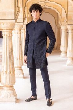 Navy blue bandhgala featuring cutdana hand embroidery in the front and sleeves. Paired with a pant. - Aza Fashions Blue Bandhgala, Aza Fashion, Full Sleeve, Stand Collar, Hand Embroidered, Hand Embroidery, Mens Pants, Navy Blue, Embroidery