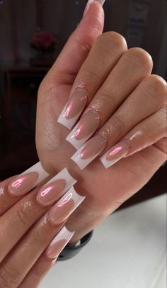 Middle Length Acrylic Nails, French Tip Acrylic Nails With Accent Nail, French Tip Acrylic With Pearls, White French Tip With Pink Chrome, Opal Chrome French Tip Nails, Hold Nails Acrylic, Short Nails Acrylic Square Summer, French Tip Nails Baddie, Homecoming Acrylic Nails