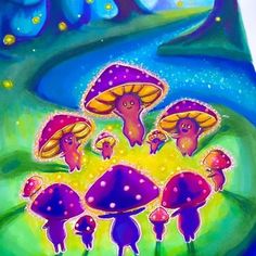 an artistic painting of mushrooms in the forest