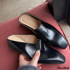 Olivia Mark - Chic and Comfortable Leather Slides: Sleek and Stylish Casual Slip-ons with Half Heels Mules Shoes Heels, Cow Hide Shoes, Casual Slides, Comfortable Wedges, Low Heel Wedges, Genuine Leather Sandals, Stiletto Pumps, Leather Slides, High Heel Pumps