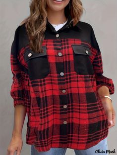 Olivia Mark - Plaid Button Front Shirt, Casual Long Sleeve Lapel Jacket Shirt, Women's Clothing Shirt With Lapel Collar And Placket For Fall, Fall Shirt With Lapel Collar, Plaid Outerwear With Button Closure And Spread Collar, Collared Flannel Shirt With Button Closure For Work, Spring Workwear Flannel Shirt With Button Closure, Spring Flannel Shirt With Button Closure For Work, Long Sleeve Shirt With Button Closure For Fall, Spring Button Closure Flannel Shirt For Work, Fall Long Sleeve Shirt With Button Closure