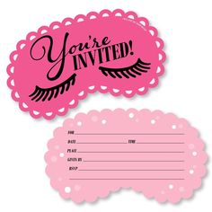 a pink and black party card with the words you're in it on top