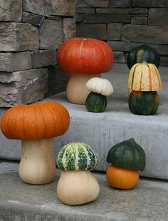 pumpkins and gourds are sitting on the steps