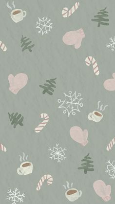 a gray background with coffee cups and candy canes on it, snowflakes