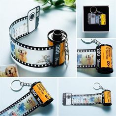 a camera and film strip keychain with pictures attached to the lanyards