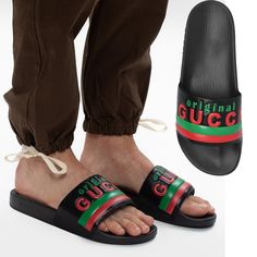 Designer: Gucci Size: Marked As Size 9g / Us 9.5 (Conversion Per Designer's Website) Condition: Authentic And Brand New Style Name / Number: 632183 Dir00 1000 Material: Leather Upper, Rubber Sole Unique Features: 'Original' Flat Sandal, A Slip On Design Crafted From Black Leather And Set On A Rubber Sole. Slide's Sole Is Embossed With Gucci Logo. Upper Strap Features Contrasting 'Original Gucci' Logo And Green And Red Stripe. Color: Black / Multi, Please Note That Color Appearance May Vary Depen Black Designer Sandals With Logo, Designer Round Toe Sandals With Logo, Black Logo Sandals For Summer, Casual Black Slides With Logo, Gucci Black Leather Sandals, Black Gucci Leather Sandals, Black Casual Slides With Leather Sole, Casual Black Slides With Leather Sole, Luxury Gucci Slides With Rubber Sole