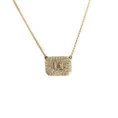 14K Yellow Gold 80 Round Brilliant Diamonds = 1.03ctw., G-H/SI1-2 2 Baguette Diamonds = 0.16ct., G-H/VS2-SI1 The pendant measures 15mm wide x 10mm tall. Length = 18" Rectangle Necklace, Baguette Diamonds, Diamond Gold, Baguette Diamond, Brilliant Diamond, Pave Diamonds, Round Brilliant, Gold Diamond, Diamond Necklace