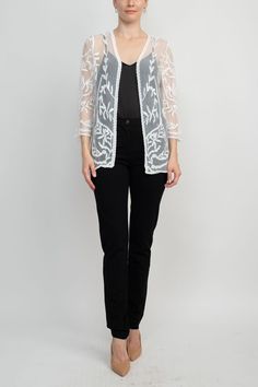 Look fashionable and stylish with this Nine Leonard mesh cardigan. Made with an open front and 3/4 length sleeves, the floral embroidered design adds a touch of elegance, perfect for any occasion. Its lightweight mesh fabric offers breathability and durability. Newest Fashion Trends, Mesh Cardigan, Mesh Jacket, White Party, New Fashion Trends, White Cardigan, Online Fashion Stores, Embroidered Design, Women's Tops