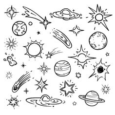 black and white space doodles with stars, planets and other things on it