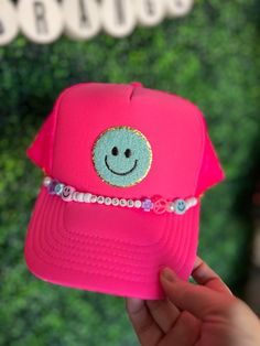 Every girlie needs a summer hat to throw on after the pool, on vacation, or while riding around the block on a bike.  Want this on a black hat or need to change the beaded chain? Juat let me know! All our hats are totally customizable, so message us to request custom colors or patches. We can build a custom listing just for you! Adjustable Flat Brim Trucker Hat For Summer, Pink Summer Hats For Music Festival, Trendy Adjustable Baseball Cap For Beach, Fun Pink Hat For Music Festival, Trendy Adjustable Summer Baseball Cap, Trendy Pink Hats For Music Festival, Cute Adjustable Hats For Festivals, Cute Adjustable Festival Hats, Trendy Flat Brim Snapback Hat For Festivals