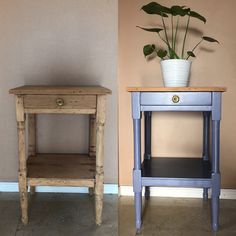 a blue table with a potted plant on top and a small end table next to it