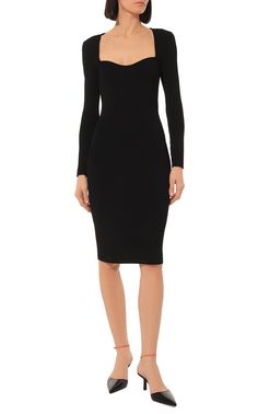 The team behind the brand founded by Guccio Gucci brought the silhouette to the forefront in the design of this midi dress. The elastic viscose fits snugly, so the model perfectly outlines the figure. Black jersey with a narrow textured stripe complements the skin that is revealed in the wide cutout at the front.Composition: Viscose: 85%; Polyester: 15% Made in Italy Gucci Fitted Mini Dress For Night Out, Sleek Knee-length Elastane Bodycon Dress, Sleek Knee-length Bodycon Dress, Sleek Fitted Midi Dress, Sleek Knee-length Elastane Dress, Sleek Stretch Midi Dress With Flattering Silhouette, Sleek Sheath Midi Dress, Chic Gucci Midi Dress For Workwear, Elegant Gucci Midi Dress For Work