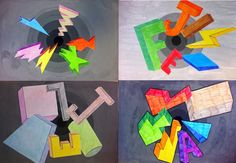 four different colored pieces of art made out of paper with arrows pointing up and down