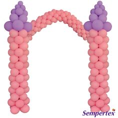 the letter m is made out of pink, purple and white balloons in the shape of an arch