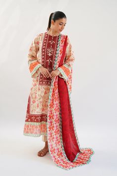 Laiya Traditional Festive Kurta With Paisley Print, Traditional Paisley Print Kurta For Festive Occasions, Red Traditional Kurta With Floral Print, Red Floral Print Unstitched Kurta, Red Kurta With Printed Motifs In Traditional Drape, Red Floral Print Straight Kurta, Long Sleeve Paisley Print Kurta For Festive Occasions, Festive Long Sleeve Kurta With Paisley Print, Festive Long Sleeve Paisley Print Kurta