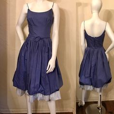 "1950's Periwinkle cotton Sundress with bubble hem. This is a darling little dress in such a pretty color. It has the fitted bodice with scoop neck and spaghetti straps and the that full pleated skirt with the bubble hem and stripe ruffle. Sooooo adorable. It also has a matching cord tie belt and a full metal zipper up the back. Only a Union tag remains. It is in very good condition. Bodice is lined in muslin and skirt is lined in a satin acetate with a layer of tulle netting in between dress an Blue Sundress, Floor Length Maxi Dress, Chiffon Party Dress, Full Skirt Dress, Cotton Sundress, Bubble Hem, 1920s Dress, The Bubble, Full Metal