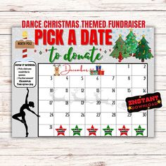 a christmas themed printable calendar with the words pick a date to dance