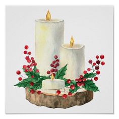 two white candles surrounded by holly and red berries on a piece of wood with watercolor