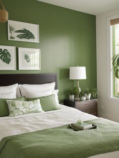 a bedroom with green walls and white bedding in the corner, along with two framed pictures on the wall