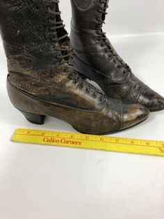 These Antique leather women's high heel boots have the perfect amount of wear to be worn or displayed! They're and amazing pair and quite early - one has info on the sole about the Mishawaka MFG plant. They're lovely vintage boots with a nice high heel. They do have wear to the leather (see photos) and the leather is a bit fragile on the surface, but they're an incredible find. Please contact me with your questions! Historical Formal Boots With Leather Sole, Vintage Lace-up Boots With Leather Sole For Formal Occasions, Victorian Boots With Leather Sole, Vintage Lace-up Boots With Pointed Toe And Leather Sole, Vintage Heeled Boots With Pointed Toe And Leather Sole, Vintage Fitted Lace-up Boots With Snip Toe, Historical Round Toe Boots For Formal Occasions, Historical Formal Boots With Round Toe, Historical Round Toe Formal Boots