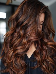 Brunette Auburn Hair Color, Dark Brown Hair Strawberry Blonde Highlights, Chestnut Auburn Balayage, Highlights For Fall Brunettes, Two Color Hair Dye Ideas Blonde, Auburn Hair Color With Highlights Fall, Bayalage Brunette Fall 2024, Burgundy And Caramel Balayage, Hair Colors For Brunettes Fall