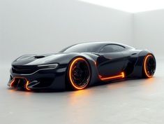 a black sports car with orange lights on it