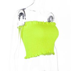 FREE SHIPPING Ruffles Neon Green Orange Tube Top Clubwear JKP1454 Yellow Stretchy Top For Summer, High Stretch Yellow Tops For Summer, Green High Stretch Party Tops, Green Elastane Summer Tops, Green Stretch Crop Top, Stretch Green Elastane Crop Top, Fitted Green Seamless Crop Top, Green High Stretch Trendy Crop Top, Trendy High-stretch Green Crop Top