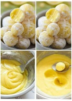 four pictures showing how to make the batter for doughnuts