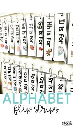 the alphabet flip strips are organized and ready to be hung up on the wall for display