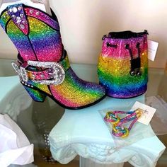 Multi Colored Rhinestone Rainbow Boots From Dolls Kill Bought But Never Worn (Boots Only) No Box Neon Boots, Rainbow Boots, Colorful Boots, Texas Cowgirl, Art Boots, Rainbow Heels, Worn Boots, Bling Ideas, Dolls Kill Shoes