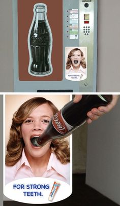 an advertisement for a soda machine with a woman's face on the front and bottom