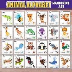 an animal alphabet poster with pictures of different animals and their names on the letter's