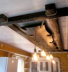 the lights are hanging from the beam in the kitchen ceiling above the refrigerator and stove