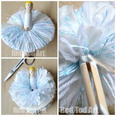 three pictures show how to make a doll ballerina