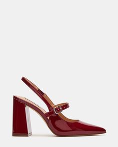 MAEGAN WINE PATENT Block Heel Slingback, Buckle Top, Steve Madden Store, Leather Socks, Red Heels, Slingback Heel, Slingback Pump, Womens Heels, Cute Shoes