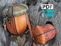 an orange and brown bag sitting on top of a tree trunk with the words pattern video below it