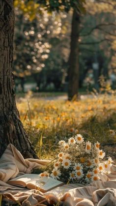 a blanket and flowers on the ground next to a tree