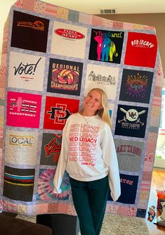 "College dorm quilt. T-Shirts with a border of her baby clothes. I used Minky on the back it is super soft and cuddly.  All the T- Shirts are backed with an iron on interlacing so they won't stretch. Each square is quilted differently to represent that t-shirt at it's best.  I use cotton batting.  T-shirt quilts are washable and great to wrap up in. Small LAP QUILT (9 tees) approx. size (52''x 52'') $350 Medium LAP QUILT (12 tees) approx. size (52''x 67\") $410 Long LAP QUILT (15 tees) approx. s Diy T Shirt Blanket, T Shirt Quilts Ideas Layout How To Make, T Shirt Quilts Ideas Layout, Dorm Quilt, Tshirt Quilt Diy, Tshirt Quilt Pattern, Tshirt Quilts, Quilt Diy, Scrap Quilting