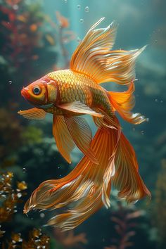 a goldfish swimming in an aquarium with lots of water and plants around it's edges