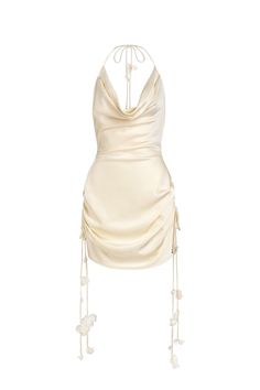 Made from premium silk, its elegant A-line cut and cowl neckline exude sophistication and exclusivity. With its flowing silhouette, this dress is perfect for any event, whether a high-end gala or a night out on the town. Elevate your wardrobe with this must-have piece. Ruched Cowl Back Gala Dress, Elegant Satin Slip Dress With Cowl Back, Pre-draped Satin Mini Dress For Cocktail, Chic Silk Evening Dress With Cowl Back, Cowl Neck Satin Finish Dress For Night Out, Chic Satin Cowl Neck Dress For Party, Chic Satin Dress With Cowl Neck For Party, Satin Finish Cowl Neck Dress For Night Out, Elegant Satin Dress With Cowl Back For Date Night