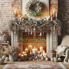 a fireplace decorated with candles and wreaths in front of a fire place filled with christmas decorations