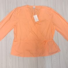 A New Day Women's Size Xxl 3/4 Sleeve Peach Wrap Top Blouse 100%Cotton. E4#2069 Spring Workwear Blouse With 3/4 Sleeves, Pink 3/4 Sleeve Top For Work, Casual Orange Top With 3/4 Sleeves, Casual Orange Tops With 3/4 Sleeves, Casual Orange 3/4 Sleeve Top, Peach Tops For Spring Daywear, Orange Long Sleeve Blouse For Spring, Feminine Orange Tops For Brunch, Feminine Orange Top For Brunch