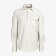 A collection standout with some definitive American flair, this western-style off-white shirt is tailored slim with a stitched-on placket, pointed flap pockets, snap buttons, and classic collar-perfect on its own or layered over a t-shirt for an effortless casual style. Classic Cream Shirt With Pockets, Cream Button-up Shirt With Pockets, White Tops With Lapel Collar And Concealed Placket, White Tops With Concealed Placket For Fall, Classic Shirt With Concealed Placket For Fall, Western Style Workwear Shirt For Fall, Classic Collared Shirt With Flap Pockets, Classic Shirt With Flap Pockets For Business Casual, Business Casual Shirt With Flap Pockets And Spread Collar