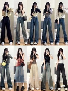 Korean Wide Pants Outfit, Korean Wide Jeans Outfit, Korean Fashion Wide Leg Pants, Kulot Jeans Outfit Korea, Korean Fashion Flare Jeans, Korean Fits, Celebrity Casual Outfits